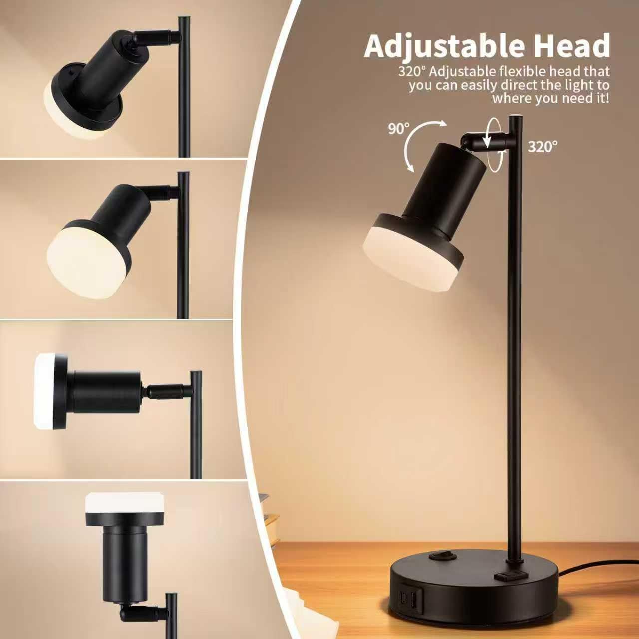 Industrial Table Lamp with Remote Control for Stepless Dimmer & Temperatures, Bedside Lamp with USB C+A Ports and AC Outlet, Flexible Head-Desk Lamp for Bedroom, Living Room, Office (Black)