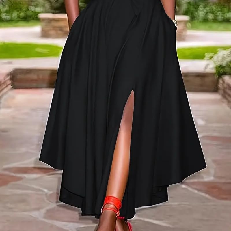 Women's High Waist Skirt A Line Tie Front Pleated Maxi Flowy Skirts Irregular with Pockets Side Slit Elegant Navy Blue, Black3