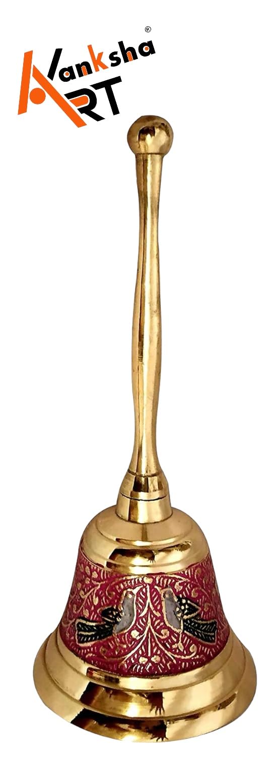 Akanksha Arts Brass Made Pooja Bell, Engraved Meenakari Work - 6" inch Tall, Lovely red Colour 3
