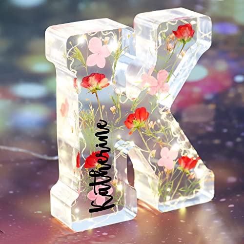 JINLIN Personalized Dried Flower Letters Night Light, Crystal Rose Flowers Lamp Resin Letter Lights Handmade Gift for Women Mom Birthday