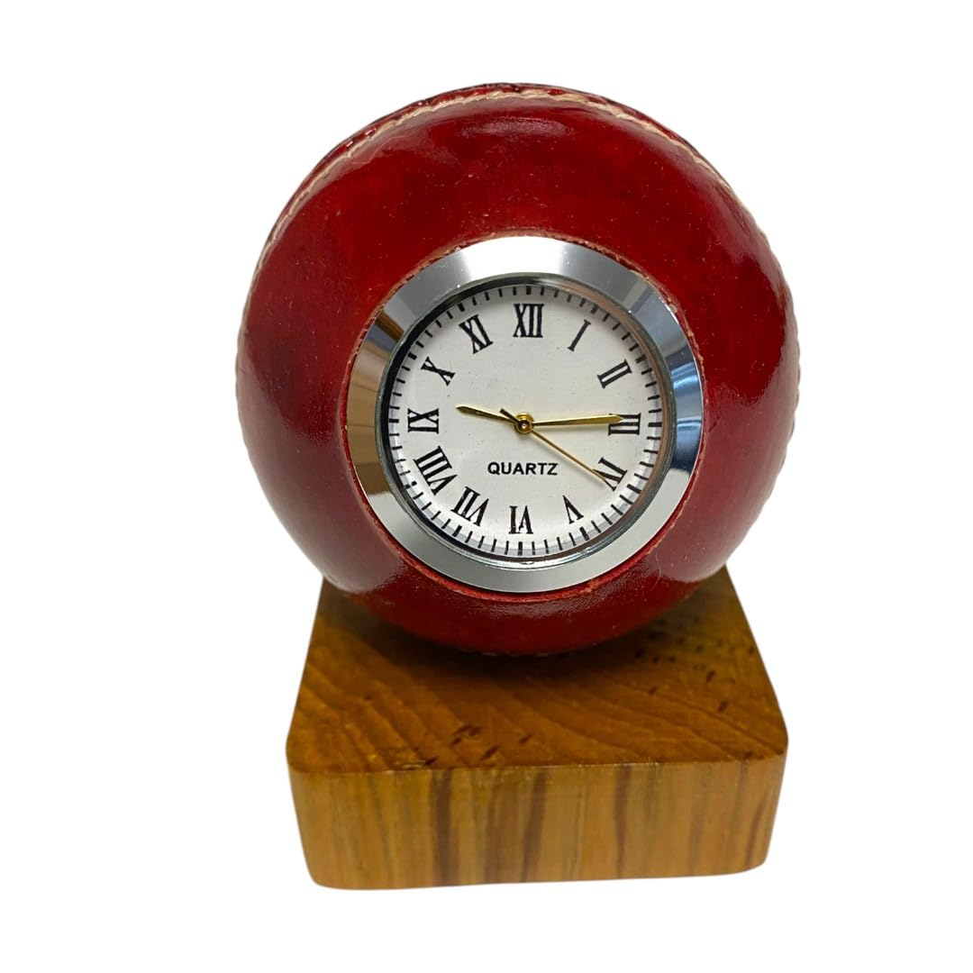 Cricket-Gifts Red - Quartz Cricket Ball Clock | Unique Sporting Design | Silver Face