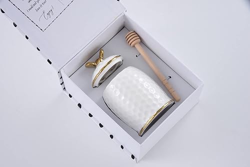 Miniatura 2 de Pampa Bay Get Gifty - Tarro de miel de porcelana y cuchara de peine, color blanco con ribete dorado