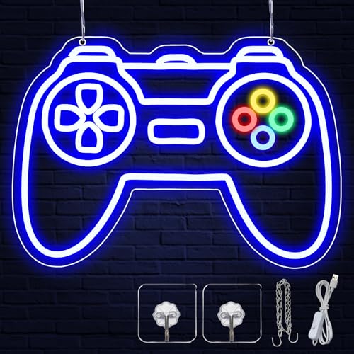 Image of Gamer Neon Sign for Teen Boys Girls Gift Blue Gamepad Shaped LED Light Hangings Cool Gaming Light up Sign Decoration USB Powered for Game Stuff Room Accessories Bedroom Wall Decor Supplies