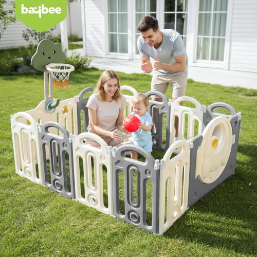 Image of Baybee Kids Playpen for Babies | Foldable Baby Play Area Indoor Setup with Basket Ball Hoop, Safety Door Lock & Double Knob | Outdoor Play Pen for Baby for 0 - 5 Years Boys Girls | Baby Activity Playards with Kids Customized Shapes (Grey-12 Panels)