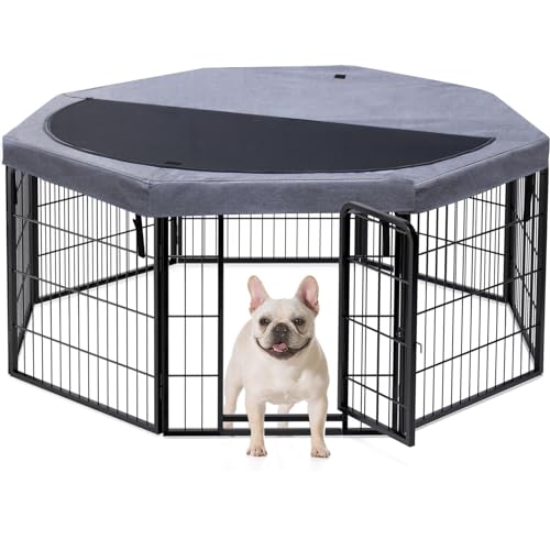 Image of PETIME Dog Playpen,Metal Exercise Puppy Pen Heavy Duty Kennels Yard Fence Indoor /Outdoor 22 inch W x 24 inch H 8 Panels Dog Cage with Octagon Top Cover