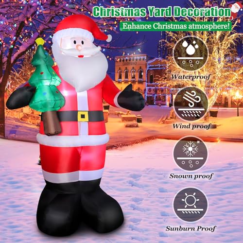 8FT Christmas Inflatable Santa Yard Decors, Blow Up Santa Claus with Christmas Tree in Hand & Green, Built-in Bright LED Lights for Holiday Display Lawn Garden Party Decorations