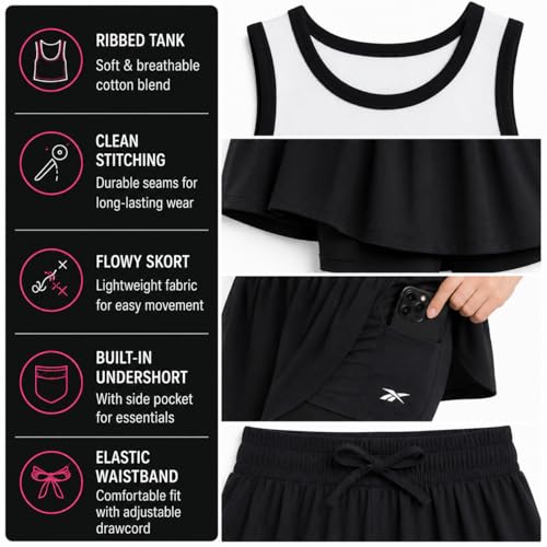 Image of Reebok Girls 2-Piece Short Set - Sleeveless Tank Top & Butterfly Shorts | Soft Cotton Feel, Stretchy Elastic Waist, Flowy Athletic Fit for Gym, Play & Everyday Wear