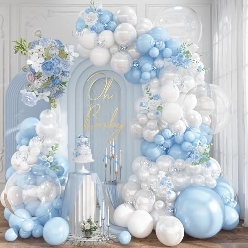 Image of Pastel Blue White Balloons Garland Arch Kit, 104PCS Double Stuffed Pearl White Balloons, Light Baby Blue Clear Balloon for Bridal Shower Baby Birthday Bachelorette Wedding Engagement Party Decorations