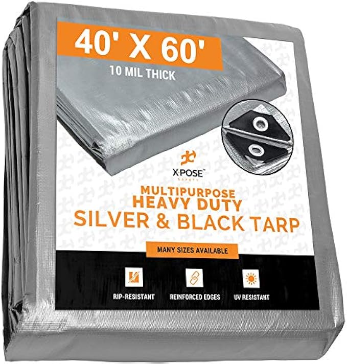 Heavy Duty Poly Tarp - 40' x 60' - 10 Mil Thick Waterproof, UV Blocking Protective Cover - Reversible Silver and Black - Laminated Coating - Grommets - by Xpose Safety