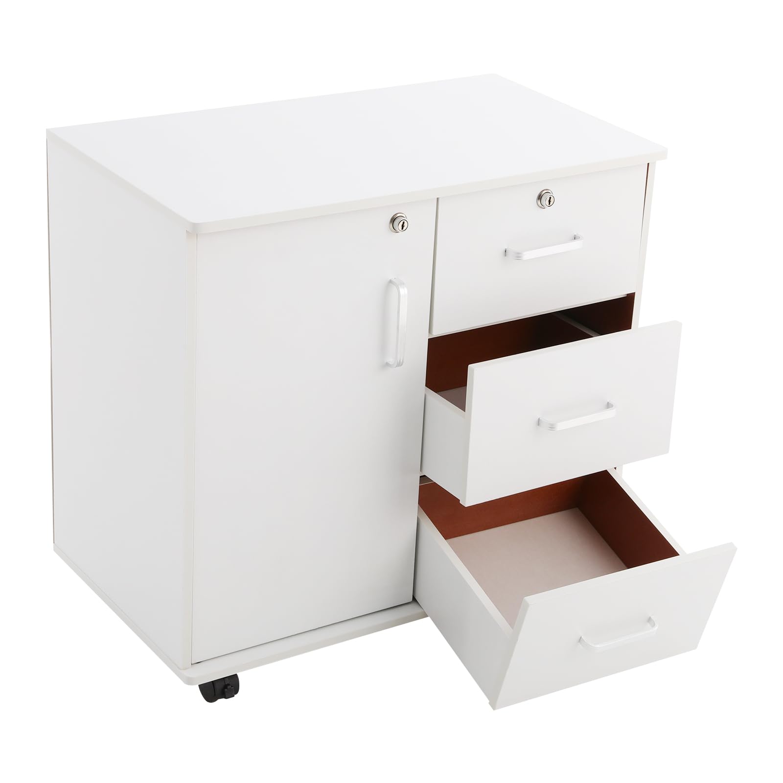Cassettiera con 3 cassetti e anta da 60 cm, bianco caldo | Per ufficio e soggiorno, 3 cassetti + porta, 4 ruote, portata fino a 60 kg, compatto