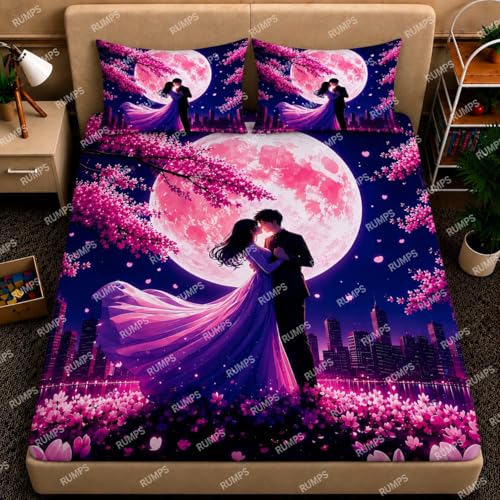 Image of RUMPS 7D Romantic Moonlight Couple Printed Flat Bedsheet King Size 90x100 Inch with 2 Pillow Covers 16x26 Inch | Luxury Love Theme Microfiber Double Bedsheet