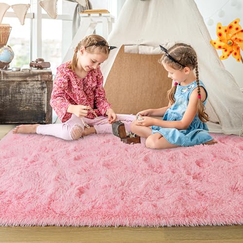 junovo Washable, Non-Slip Area Rug, Soft Area Rugs for Living Room 8x10 Feet Fluffy Rug Carpets for Bedroom Shaggy Rugs for Kids Teens Girls Boys Indoor Plush Rug for Bedroom Room, Pink