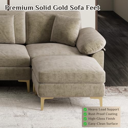 Image of OUYESSIR U-Shaped Sectional Sofa Couch, 4 Seat Sofa Set for Living Room, Convertible U-Shaped Chenille Couch Set with USB Port Central Console Ottoman,128 inches (Light Brown)