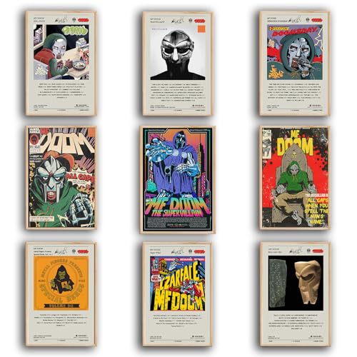 LSPDAG MF DOOM - Set di 9 poster con copertina di album da 20,3 x 30,5 cm, poster musicali per stanza, decorazione artistica da parete per la stanza degli adolescenti, senza cornice, motivo MF DOOM