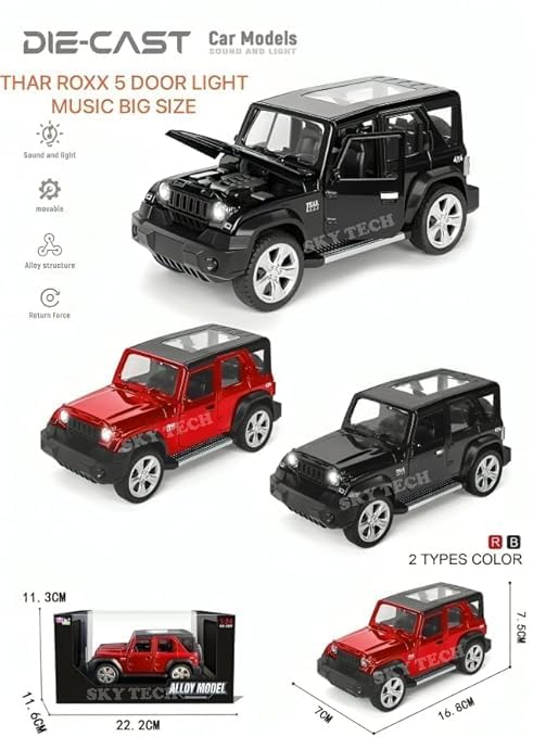 Image of Thar Roxx Diecast Car Model 1:32 Scale | Metal Pull Back SUV Toy | Openable Doors Off Road 4x4 Car Collectible | Toy for Kids Boys & Girls | Birthday Gift (Colour as a per Stock)