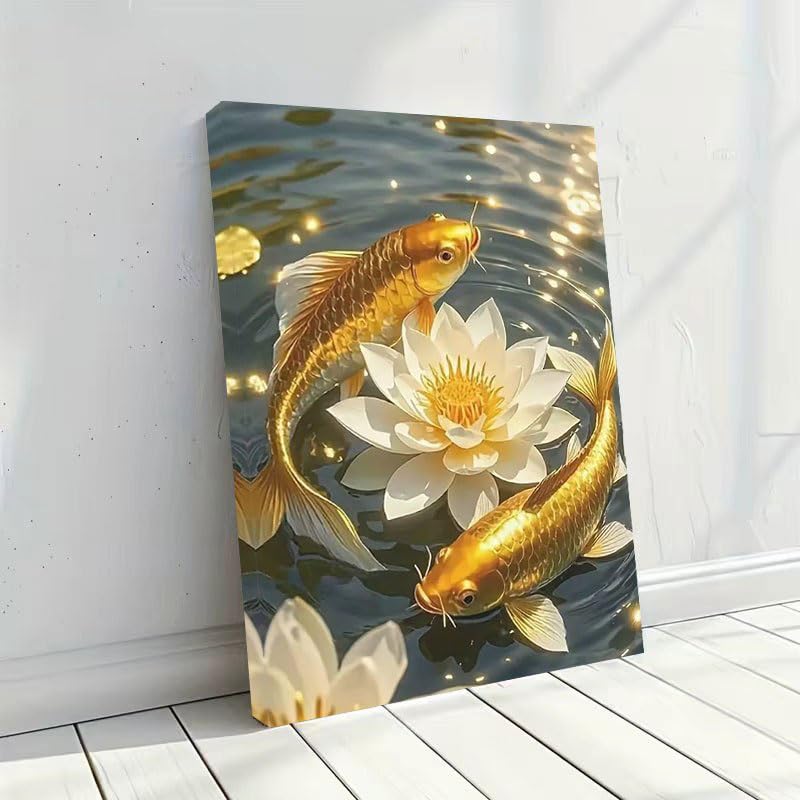 Carpes koï dorées tableau moderne peinture sur toile lotus blanc