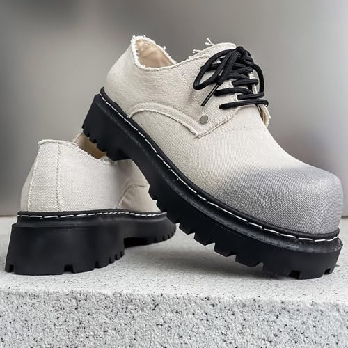 Men's Denim Lace Up Platform Oxfords Fashion Wingtip Round Toe Lug Sole Chunky Heel Heightening Derby Shoes Casual Work Office Business Dress Shoes3