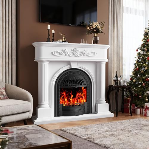 Image of Electric Fireplace with Mantel, 51 inchSolid Wood White TV Stand with Fireplace for Living Room,Black Birdcage Fire Place Heater with Roman Column Design for Bedroom