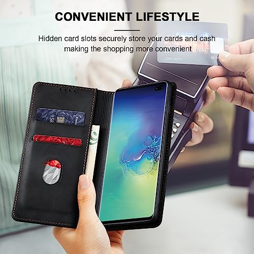 Image of Jasonyu Flip Wallet Case for Samsung Galaxy S10 Plus,Leather Magnetic Folio Cover with Card Holder,Kickstand - TPU Shockproof Durable Protective Phone Case,Black