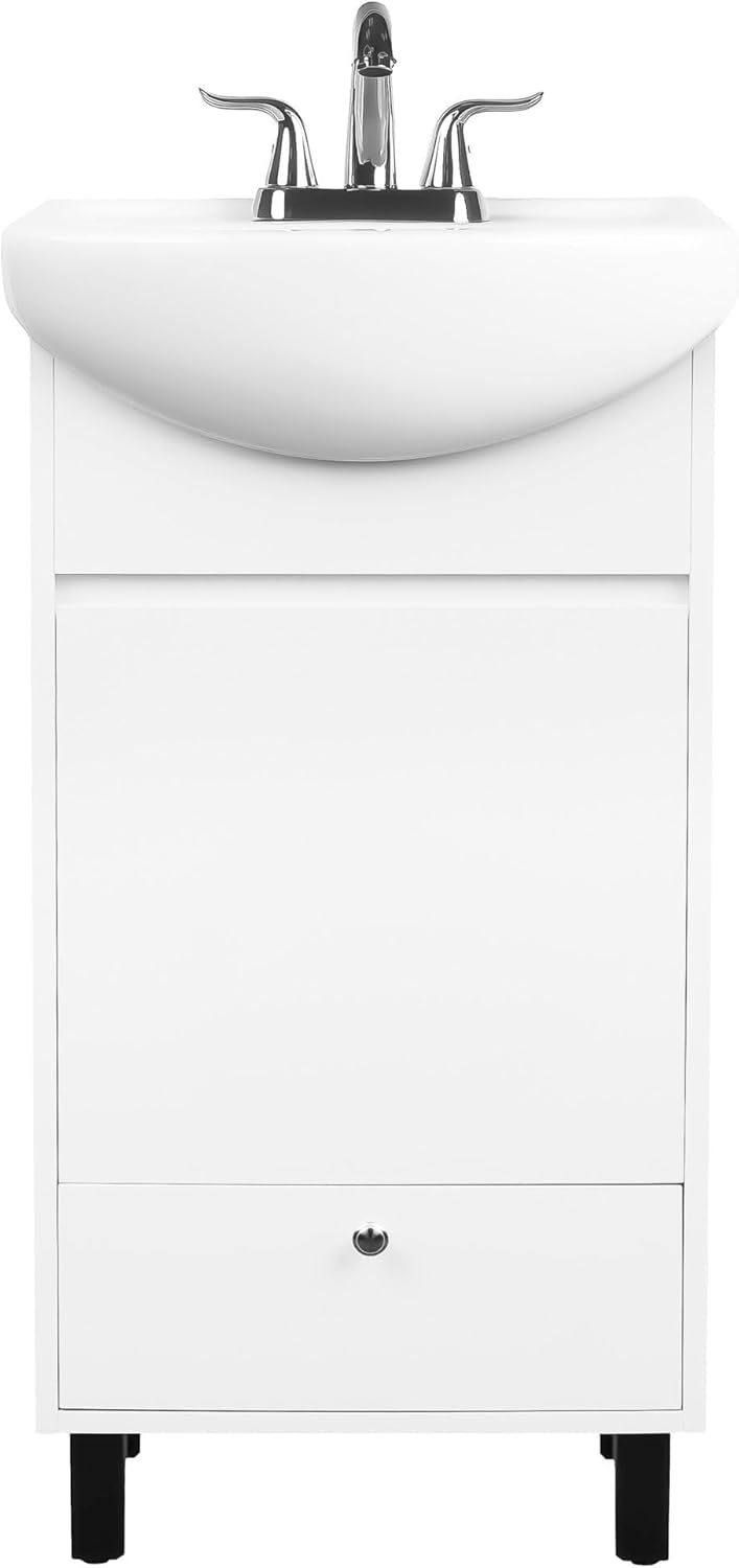 Fine Fixtures Petite 18 Inch Bathroom Vanity with Sink, Small Freestanding Bathroom Cabinet, Space-Saving Vanity Sink Combo Design, Dual Storage, Satin White