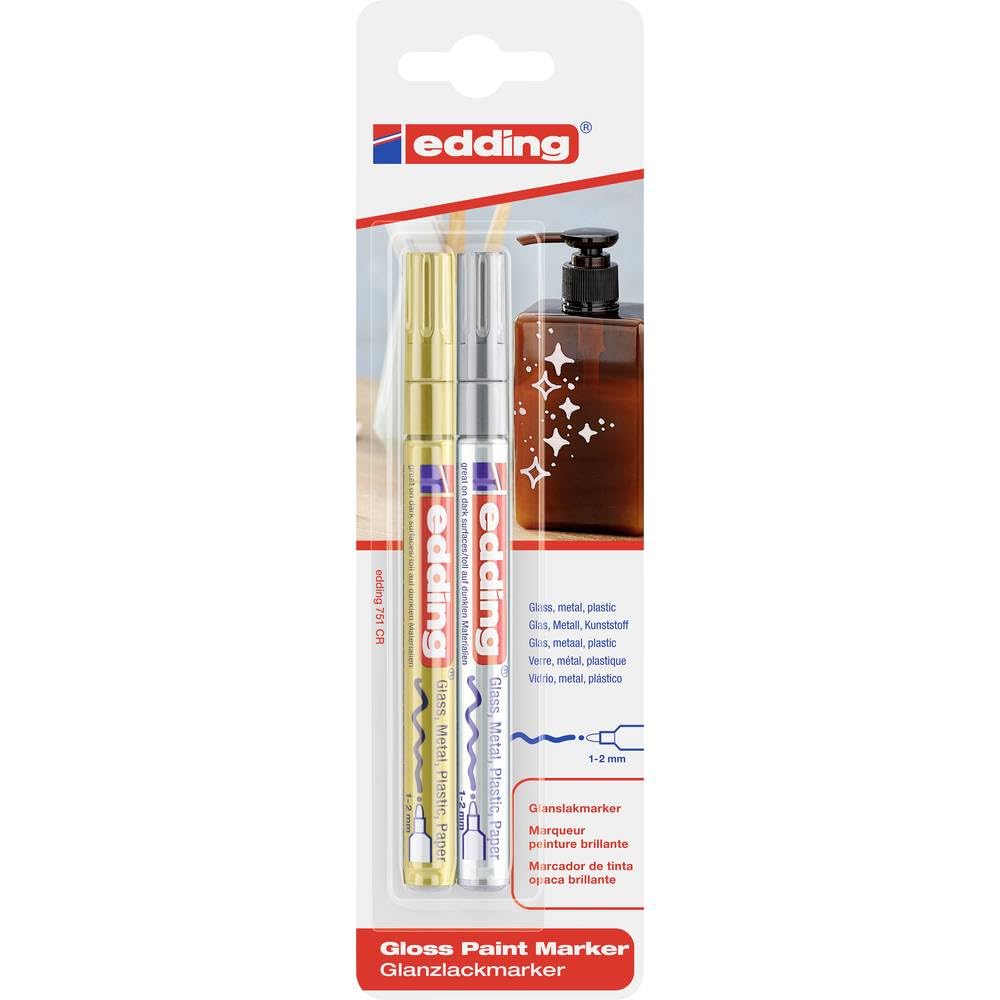 edding 751 marcador de tinta opaca brillante - oro, plata - 2 rotuladores - punta redonda 1-2 mm - rotulador brillante efecto lacado para vidrio, piedras, madera, plástico, papel - color permanente