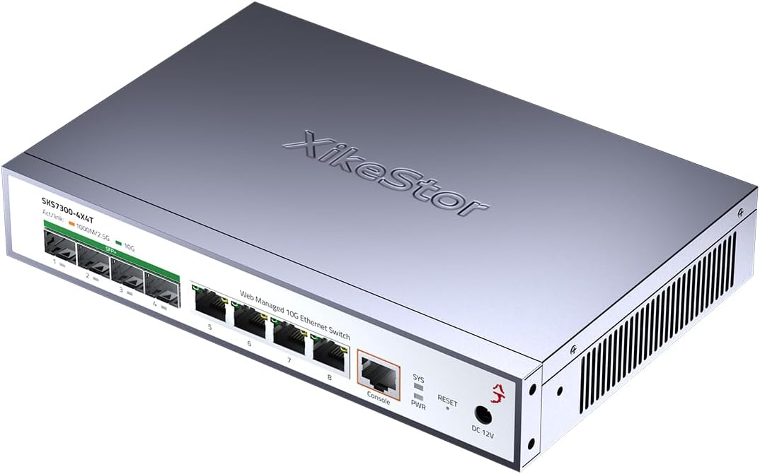 L2 Managed 8 Port 10G Ethernet Switch, 10Gb Network Switch with 4X RJ45 & 4X SFP+ Ports, Support VLAN/LACP/IGMP/QoS/STP, Built-in Smart Fan, Desktop/Wall-Mount