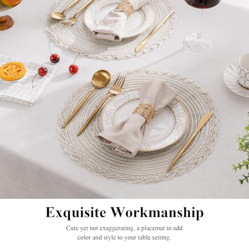 Image of SHACOS Round Placemats Set of 6 Boho Braided Bordered Place Mats 15 inch for Dining Tables Wedding Holiday Party (Ivory Bordered, 6)