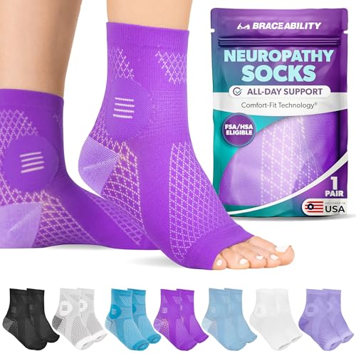 Image of BraceAbility Neuropathy Socks (Pair) - Peripheral Neuritis Compression Diabetic Toeless Foot Sleeves for Nerve Damage Pain in Feet, Ankle Gout, Plantar Fasciitis Relief Brace for Men and Women (S - Purple)