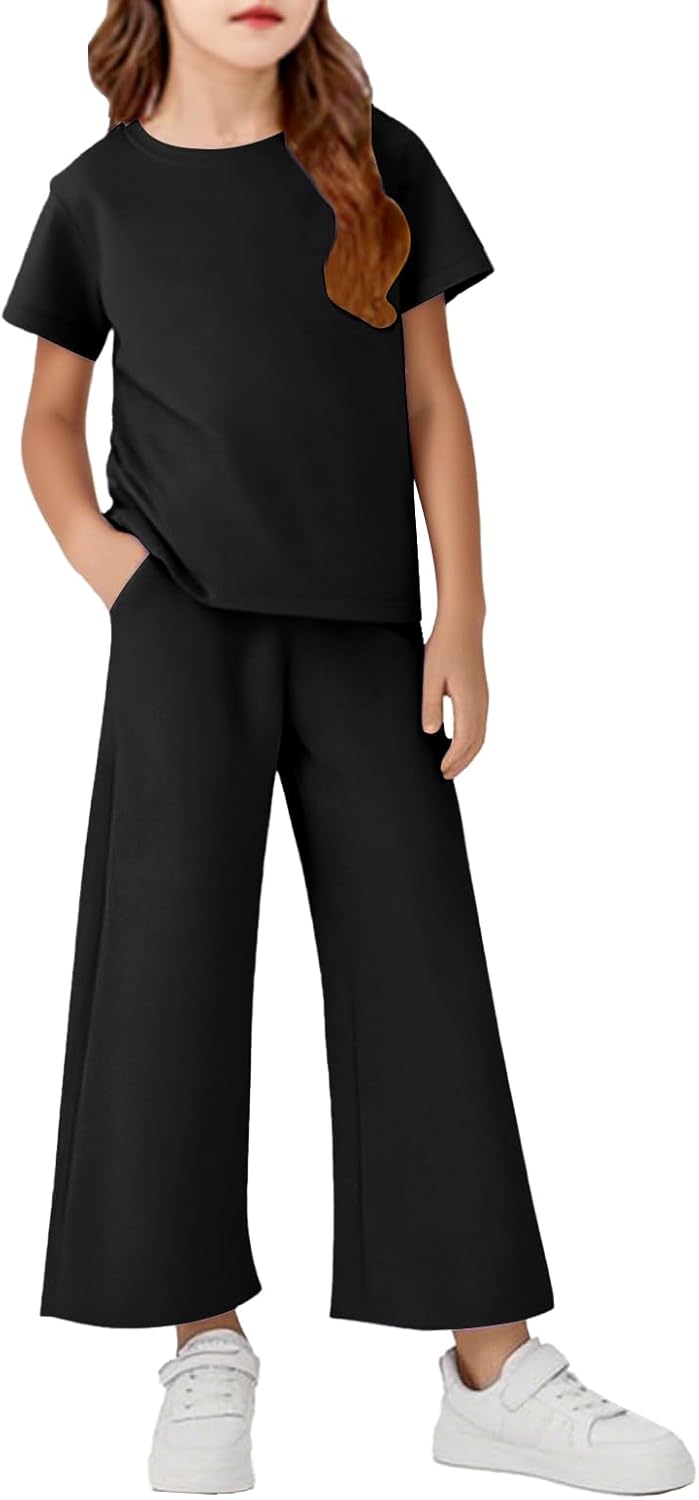 Girls Outfits Drop Sleeve Shirts & Drawstring Wide Leg Pants Sets Lightweight Kids Sweatsuits With Pockets Size 5-14 - Image 3