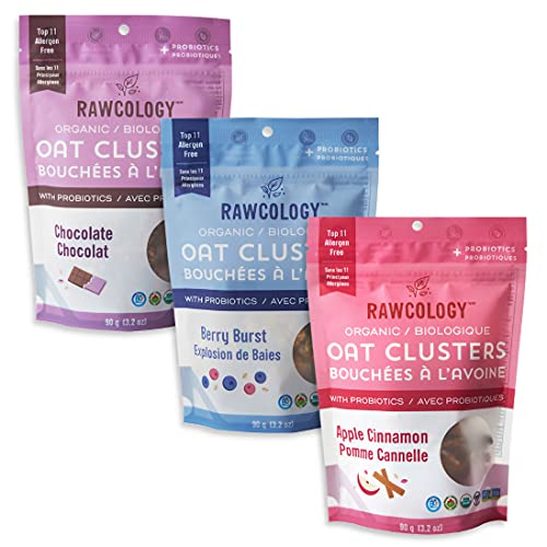 Glutenfreie Haferflocken - 3 Geschmacksrichtungen - Schokolade, Rote Beeren, Apfel Zimt - Vegan, Raw, Paleo - 3 x90g - Rawcology Cover