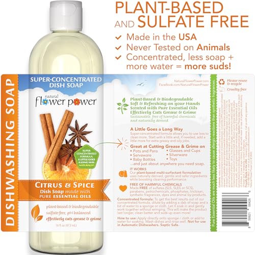 Image of Natural Flower Power Liquid Dish Soap - Citrus & Spice - Plant-Based & Scented w / Pure Essential Oils - Natural Liquid Dishwashing Detergent - Sulfate-Free Kitchen Soap - Vegan (16 Fl Oz 3 Pack)
