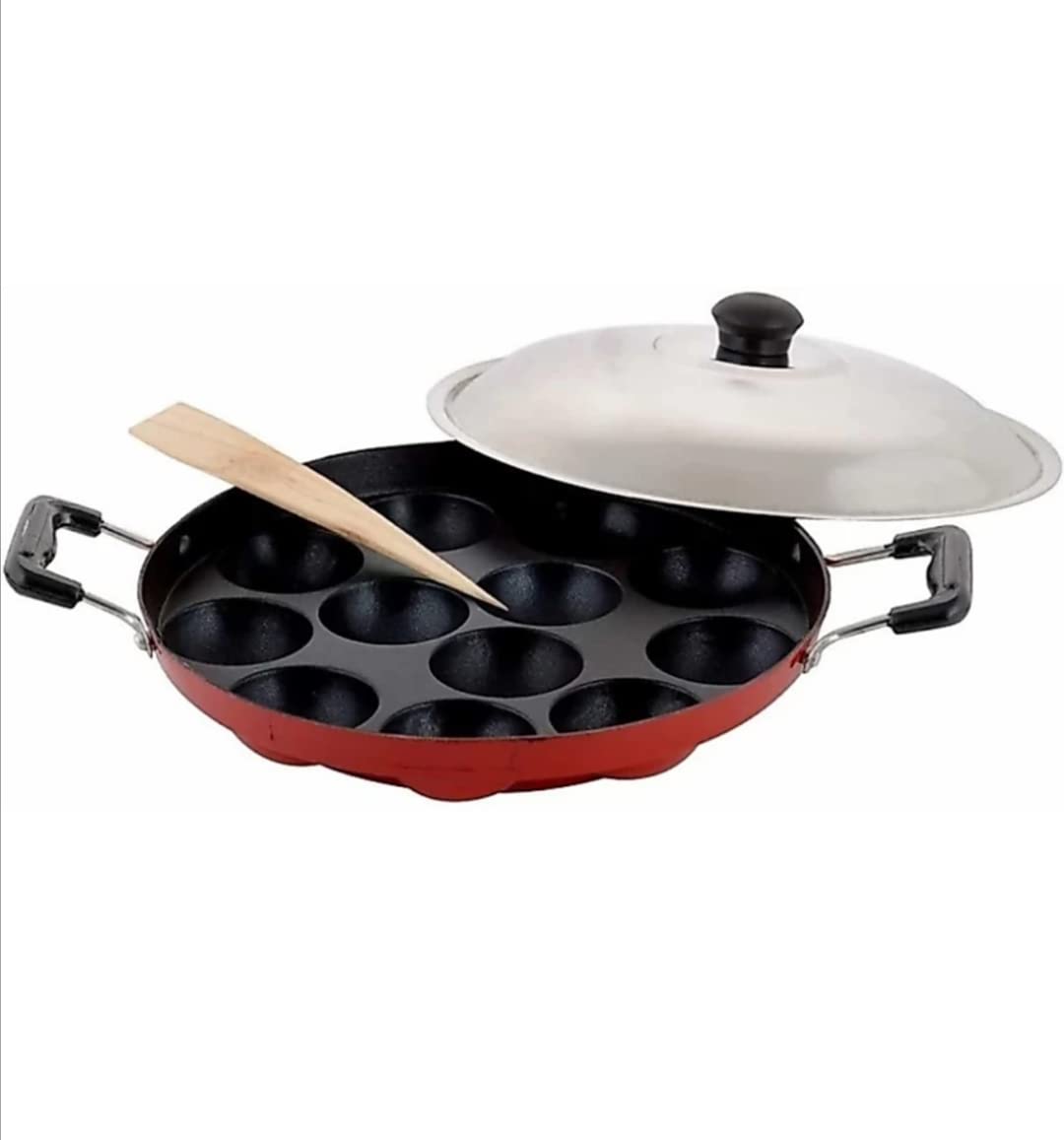 DARAZ 12 Cavity Appam Patra Paniyarakkal Two Side Handle with Steel lid & Wooden Picker, ( 23 cm, Red)