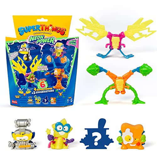 SUPERTHINGS Serie Neon Power, Incluye 1 capitán Plateado y 2 Exoskeletons