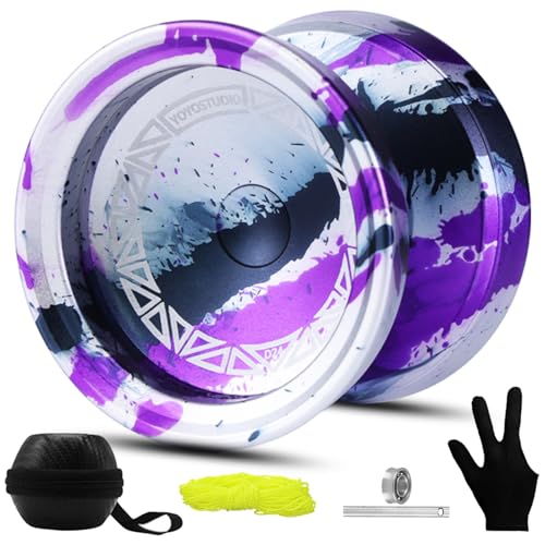 YOYOSTUDIO D24 Professional Yoyo for Finger Spin Tricks - Responsive & Unresponsive Yoyo for Kids & Adults, Complete Kit with Bearing Kit, 10 Strings, Case & Glove (Silver Black Purple)