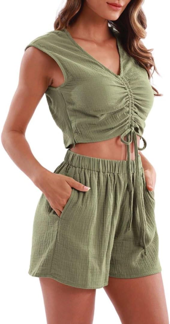 Amazhiyu Women's Crinkle Cotton Gauze 2 Piece Sets Summer Shorts and Tops Outfit - Image 3