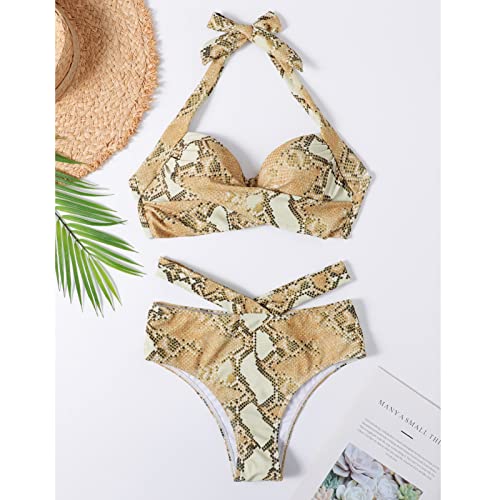 Tankini dos nu rétro kaki imprimé serpent deux hauts et short
