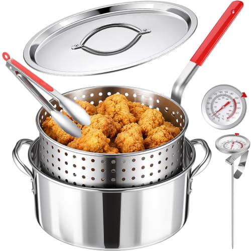 Image of 10 QT Stainless Steel Deep Fryer Pot with Basket Lid Tongs Thermometer