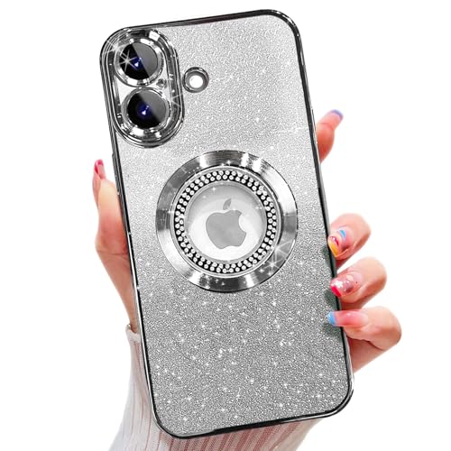 Image of Misscase for iPhone 17 Magnetic Glitter Case Compatible with MagSafe,Full Protection Slim Shockproof Anti-Scratch Case with Camera Lens Protector Plating Bling Dust-Proof Net for Women Silver