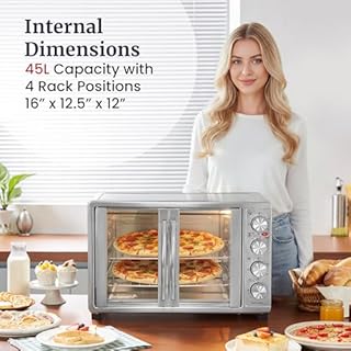 Elite Gourmet ETO-4510M French Door 47.5Qt, 18-Slice Convection Oven 4-Control Knobs, Bake Broil Toast Rotisserie Keep Warm, Includes 2 x 12" Pizza Racks, Stainless Steel