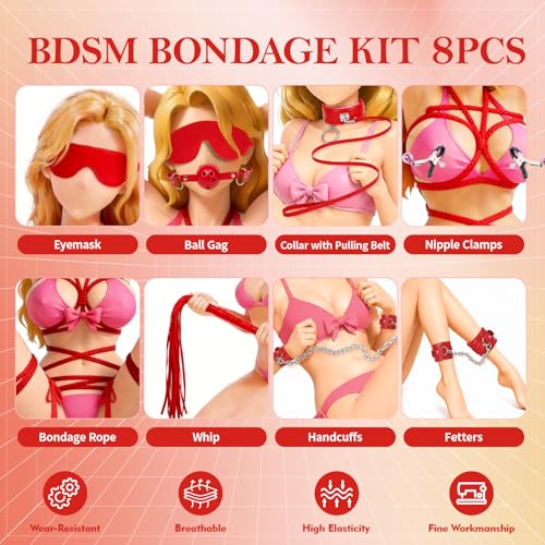 Image of BDSM Bondage Sex Toys Restraints - 8 Kit Gear for Ball Gag Sex Whip Cuffs Rope Collar Blindfold Leash (Red)