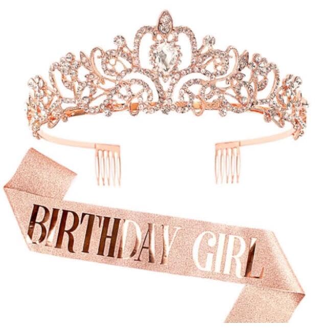 DRESHOW Coroa e faixa de aniversário para mulher faixa de aniversário para menina e tiara de Strass Set decorações de aniversário acessórios para o cabelo faixa de purpurina para festa