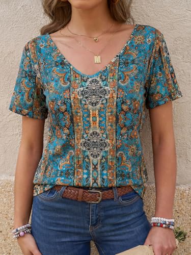 Image of Danedvi Women Deep V-Neck Short Sleeve Tops Solid Casual Loose T Shirt