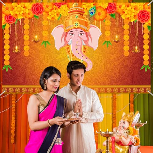 Image of Avezano Indian Pooja Traditional Backdrop Indian Religious Festival Marigold Banner Orange Flower Marriage Hindu Curtain Bridal Shower Wedding Party Decorations Banner (6x3.6ft)