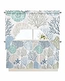 Coastal Nautical Kitchen Curtains Sets for Windows 3 Piece, Summer Coral Kitchen Curtains and Valances Tier Set 24 Inch Length Ocean Beach Starfish Swag Curtain for Living Room Cafe Bathroom Bedroom