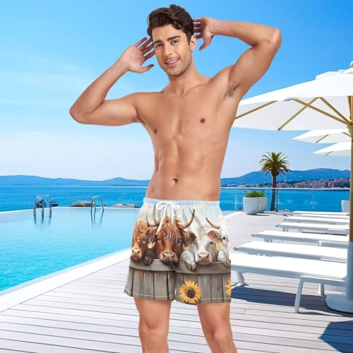 Cows Fence Cute Sunflower Mens Swim Trunks with Liner, Cool Quick Dry Beach Swim Shorts, Swimwear Bathing Suits S4