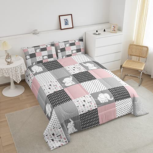 Cute Elephant Comforter For Boys Kids Girls Pink Grid Comforter Set Full Size Home Decor Soft Lovely Animals Bedding Set Wavy Stripes All Season Teens Bedroom Down Duvet,1 Comforter With 2 Pillowcase #TOP3
