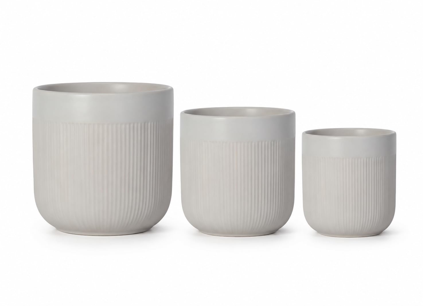 Modern Ribbed Ceramic Plant Pot Set of 3 – Off White Stoneware Planters with Powder Coated Finish | Decorative Indoor Outdoor Flower Pots for Living Room, Balcony, Office & Garden Decor (Light Grey)-image-3