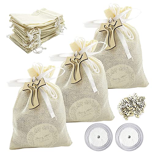 26Pcs 10*14cm Bolsas De Tela PequeñAs De Yute Arpillera Bolsas de Regalo Cordón con 26Pcs cruz de madera etiqueta de y 2 rollos de cinta decorativa blanca para Empacar Dulces, Joyas, Regalos Cover