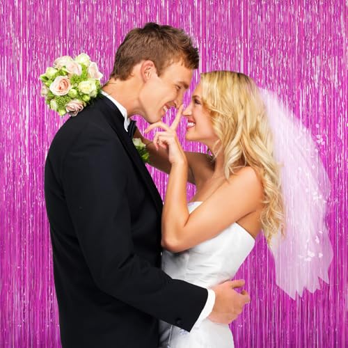 Image of 2 Pack Hot Pink Backdrop Curtain, Door Streamers, Party Streamers Decorations Rose Red Birthday Wedding Decorations Foil Fringe Photo Backdrop Party Supplies Fiesta Grad Theme Christmas Decorations