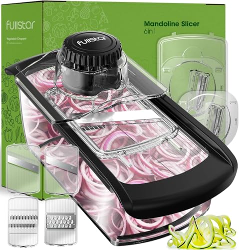 Fullstar Mandoline Slicer for Kitchen, Fruit Cutter, Cheese Grater, Cucumber Slicer, Veggie Spiralizer, Food Cutter & Kitchen Gadgets with Safety Glove (6 in 1, Clear)